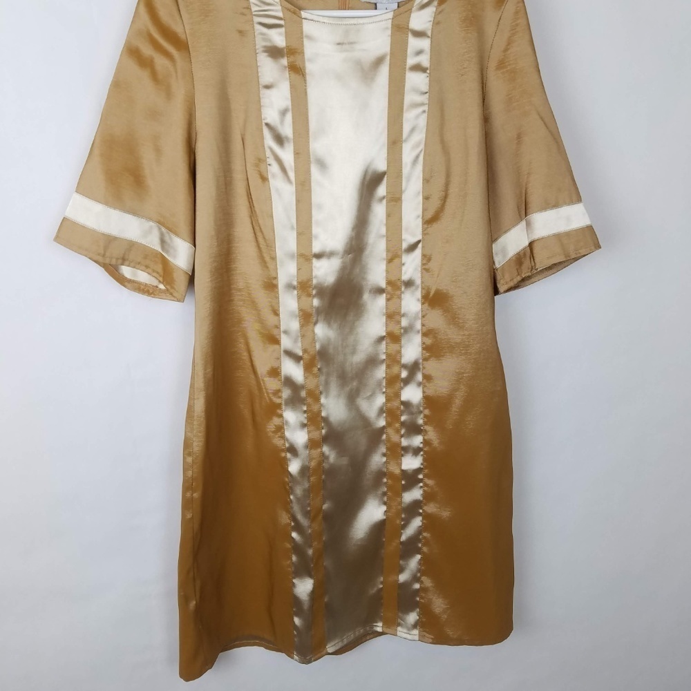 Vertigo Paris Gold Striped Colorblock Short Sleeve Shift Mini Dress – Size Large - Picture 3 of 6